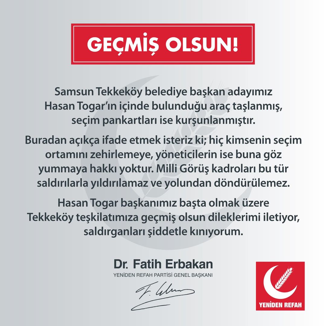 YRG Başkanı, Tekkeköy İlçe Teşkilatı'na yönelik saldırıyı kınadı ve geçmiş olsun mesajı yayınladı.